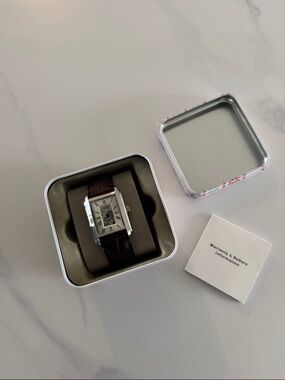Fossil Silver-Tone Rectangular Watch with Brown Leather Strap